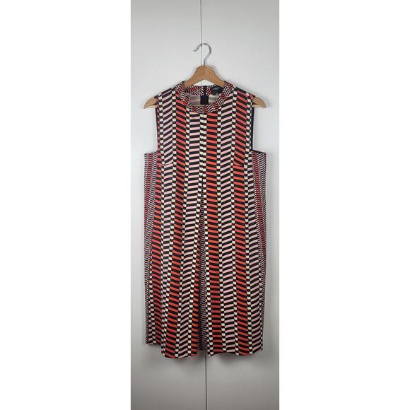 MARELLA Stripe Pleated A-Line Geometric Print Shift Silky Dress Black Orange | 8 - Picture 3 of 16